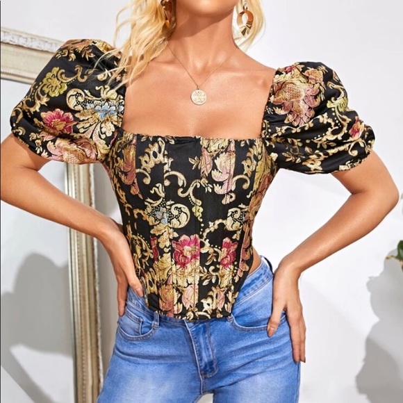 Floral Jacquard Puff Sleeve Top - Picture 1 of 5